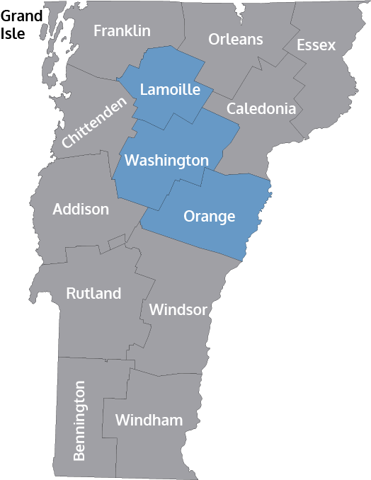 Map of Vermont showing Lamoille, Washington and Orange counties