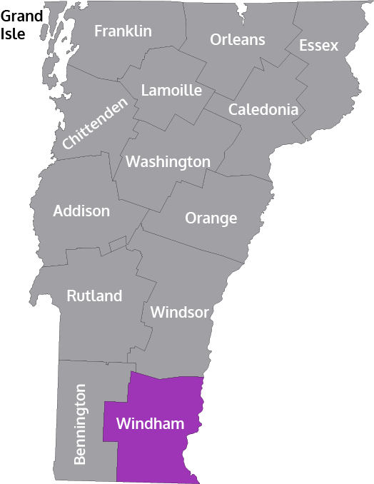 Map of Vermont showing Windham county
