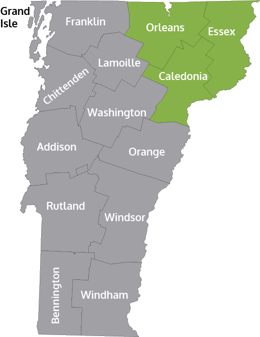 Map of Vermont showing Caledonia, Essex, and Orleans Counties