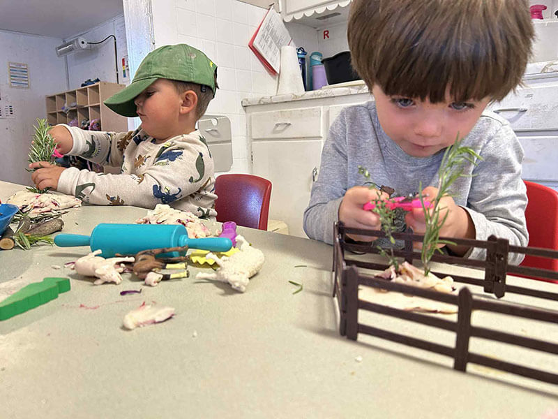 Two young boys being creative building a with clay and plants