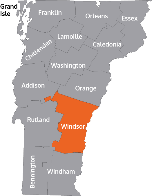 Map of Vermont showing Windsor county