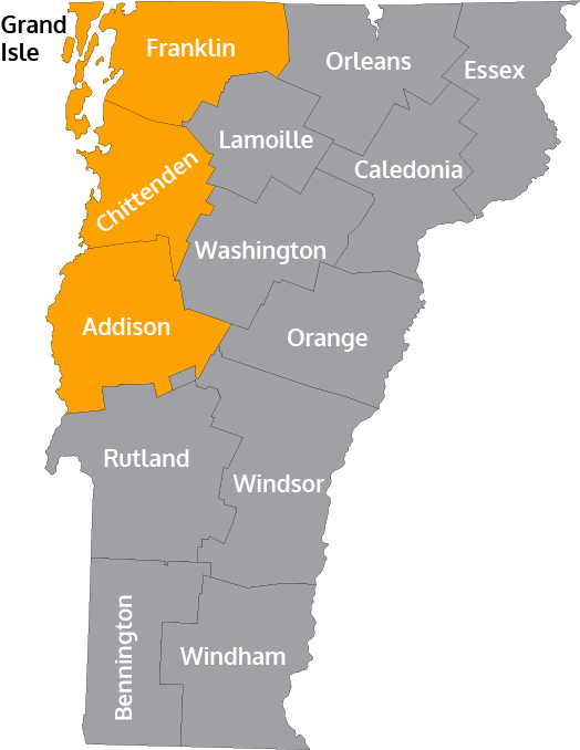 Map of Vermont showing Grand Isle, Franklin and Chittenden Counties